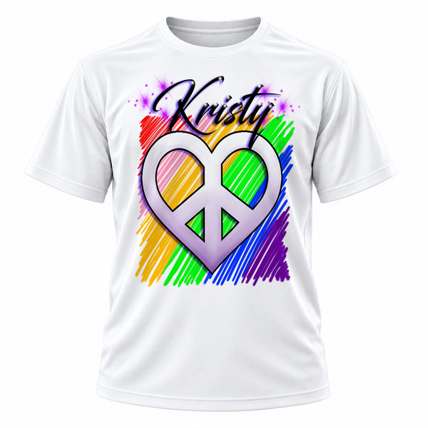 Personalized Peace Heart T-Shirt, front-view T-shirt mockup featuring custom Air-Volution artwork by Mythic Airbrush