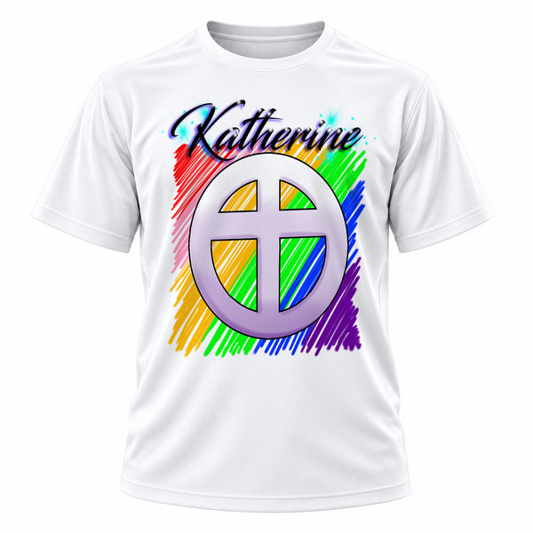 Personalized Christian Cross T-Shirt, front-view T-shirt mockup featuring custom Air-Volution artwork by Mythic Airbrush