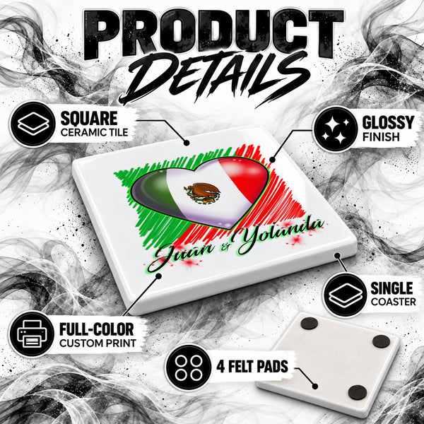 F031 Mexican Flag Heart ceramic coaster by Mythic Airbrush, original Air-Volution design — product image 3