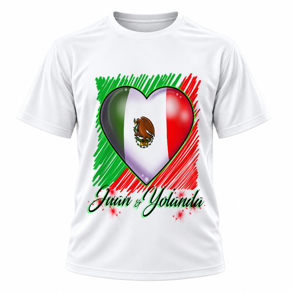 Personalized Mexican Flag Heart T-Shirt, front-view T-shirt mockup featuring custom Air-Volution artwork by Mythic Airbrush