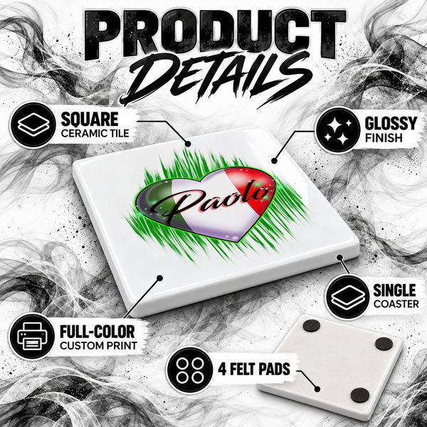 F032 Italian Flag Heart ceramic coaster by Mythic Airbrush, original Air-Volution design — product image 3