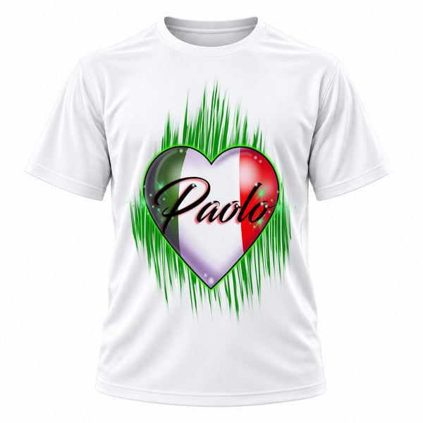 Personalized Italian Flag Heart T-Shirt, front-view T-shirt mockup featuring custom Air-Volution artwork by Mythic Airbrush