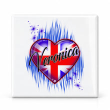 F033 British Flag Heart ceramic coaster by Mythic Airbrush, original Air-Volution design — main image