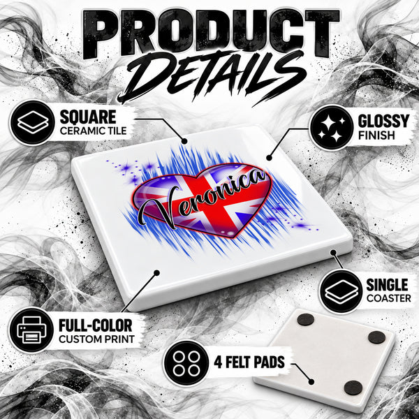 F033 British Flag Heart ceramic coaster by Mythic Airbrush, original Air-Volution design — product image 3