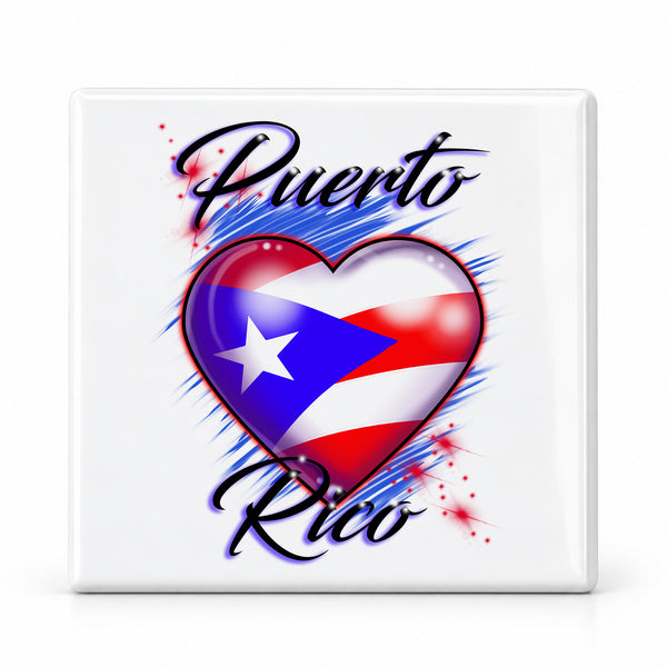 F034 Puerto Rico Flag Heart ceramic coaster by Mythic Airbrush, original Air-Volution design — main image