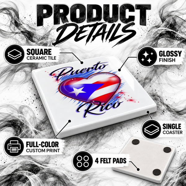 F034 Puerto Rico Flag Heart ceramic coaster by Mythic Airbrush, original Air-Volution design — product image 3