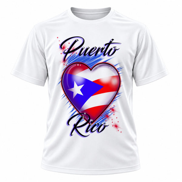 Personalized Puerto Rico Flag Heart T-Shirt, front-view T-shirt mockup featuring custom Air-Volution artwork by Mythic Airbrush