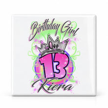 F037 Birthday Crown Girl ceramic coaster by Mythic Airbrush, original Air-Volution design — main image