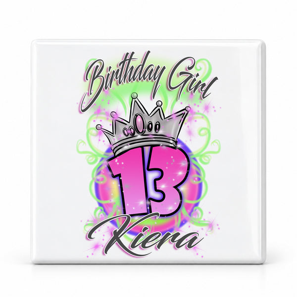 F037 Birthday Crown Girl ceramic coaster by Mythic Airbrush, original Air-Volution design — main image