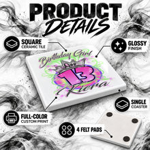 F037 Birthday Crown Girl ceramic coaster by Mythic Airbrush, original Air-Volution design — product image 3
