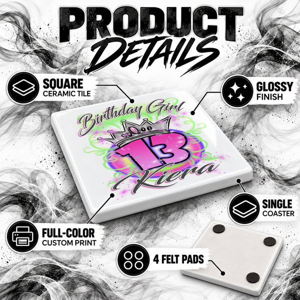 F037 Birthday Crown Girl ceramic coaster by Mythic Airbrush, original Air-Volution design — product image 3