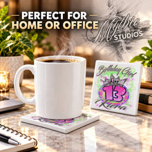F037 Birthday Crown Girl ceramic coaster by Mythic Airbrush, original Air-Volution design — product image 4