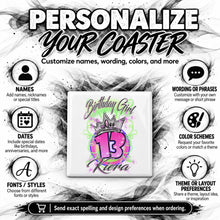 F037 Birthday Crown Girl ceramic coaster by Mythic Airbrush, original Air-Volution design — product image 5
