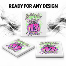 F037 Birthday Crown Girl ceramic coaster by Mythic Airbrush, original Air-Volution design — product image 7