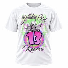 Personalized Birthday Crown Girl T-Shirt, front-view T-shirt mockup featuring custom Air-Volution artwork by Mythic Airbrush