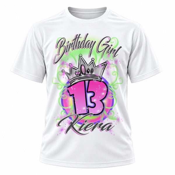 Personalized Birthday Crown Girl T-Shirt, front-view T-shirt mockup featuring custom Air-Volution artwork by Mythic Airbrush