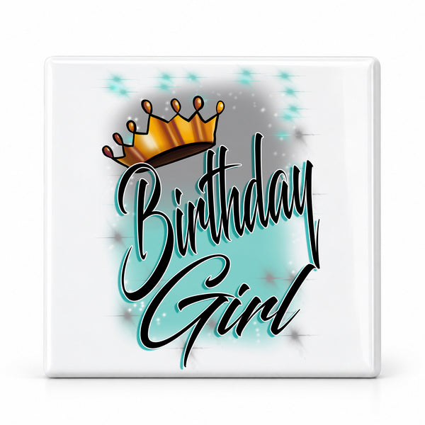 F038 Birthday Crown Girl ceramic coaster by Mythic Airbrush, original Air-Volution design — main image