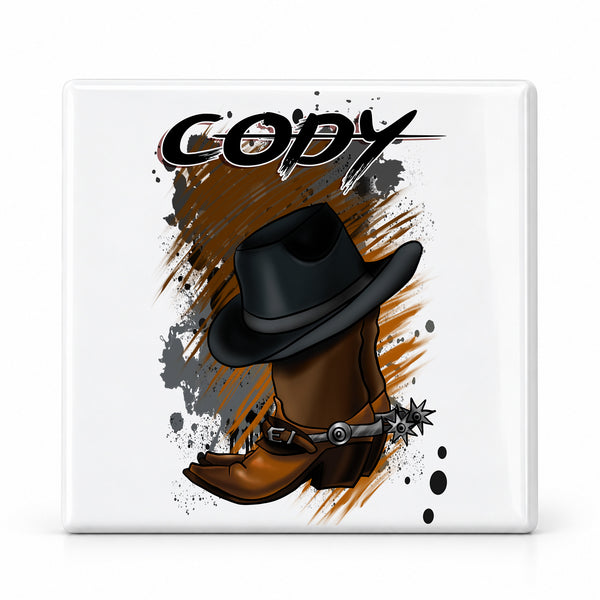 F040 Cowboy Boots and Hat ceramic coaster by Mythic Airbrush, original Air-Volution design — main image