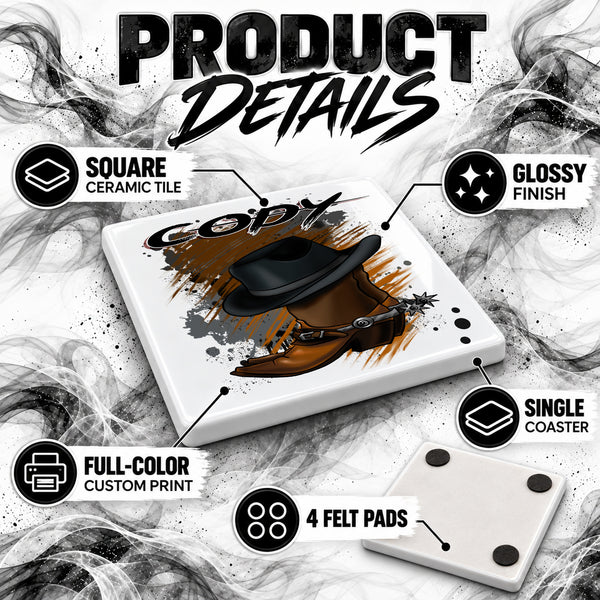 F040 Cowboy Boots and Hat ceramic coaster by Mythic Airbrush, original Air-Volution design — product image 3