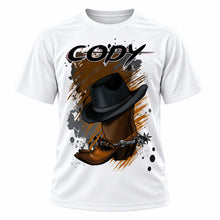 Personalized Cowboy Boots and Hat T-Shirt, front-view T-shirt mockup featuring custom Air-Volution artwork by Mythic Airbrush