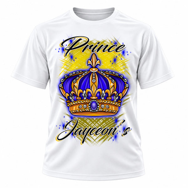 Personalized King Crown T-Shirt, front-view T-shirt mockup featuring custom Air-Volution artwork by Mythic Airbrush