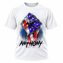 Unity-themed American flag art on personalized graphic T-shirt, Mythic Airbrush design F044