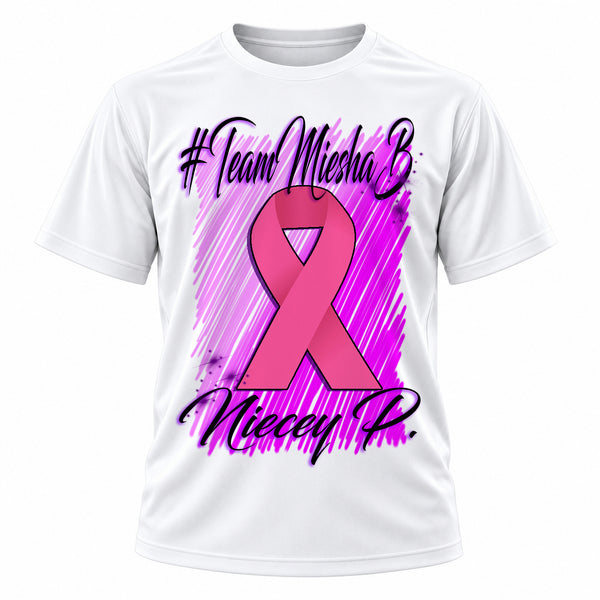 Personalized Breast Cancer Ribbon T-Shirt, front-view T-shirt mockup featuring custom Air-Volution artwork by Mythic Airbrush