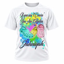 Personalized Croc Flip Flop T-Shirt, front-view T-shirt mockup featuring custom Air-Volution artwork by Mythic Airbrush