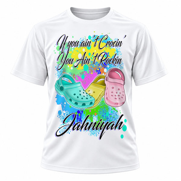 Personalized Croc Flip Flop T-Shirt, front-view T-shirt mockup featuring custom Air-Volution artwork by Mythic Airbrush