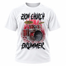 Personalized Drum Set Music T-Shirt, front-view T-shirt mockup featuring custom Air-Volution artwork by Mythic Airbrush