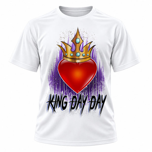 Personalized Heart Crown King Queen T-Shirt, front-view T-shirt mockup featuring custom Air-Volution artwork by Mythic Airbrush