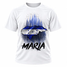 Personalized Honduras Flag Heart T-Shirt, front-view T-shirt mockup featuring custom Air-Volution artwork by Mythic Airbrush