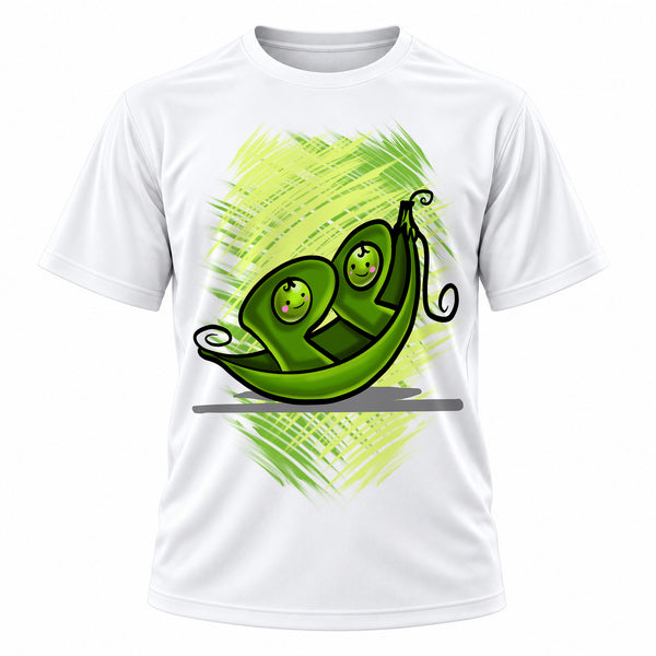Personalized Two Peas in a Pod Girl T-Shirt, front-view T-shirt mockup featuring custom Air-Volution artwork by Mythic Airbrush