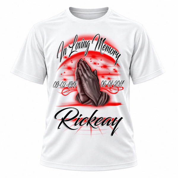 Personalized Praying Hands T-Shirt, front-view T-shirt mockup featuring custom Air-Volution artwork by Mythic Airbrush