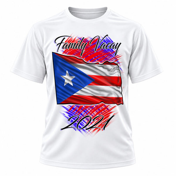 Personalized Puerto Rico Flag T-Shirt, front-view T-shirt mockup featuring custom Air-Volution artwork by Mythic Airbrush