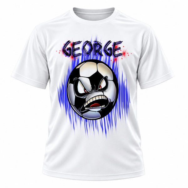 Personalized Soccer Ball T-Shirt, front-view T-shirt mockup featuring custom Air-Volution artwork by Mythic Airbrush