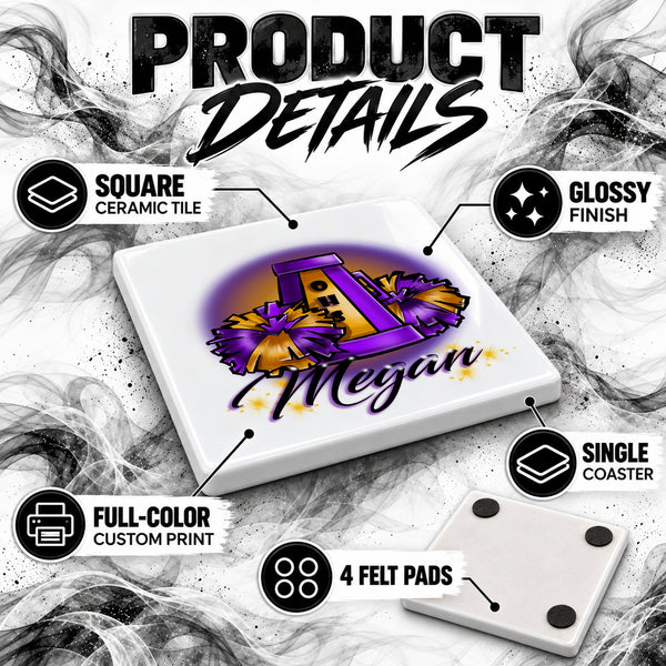 G005 Cheer Pom Pom ceramic coaster by Mythic Airbrush, original Air-Volution design — product image 3
