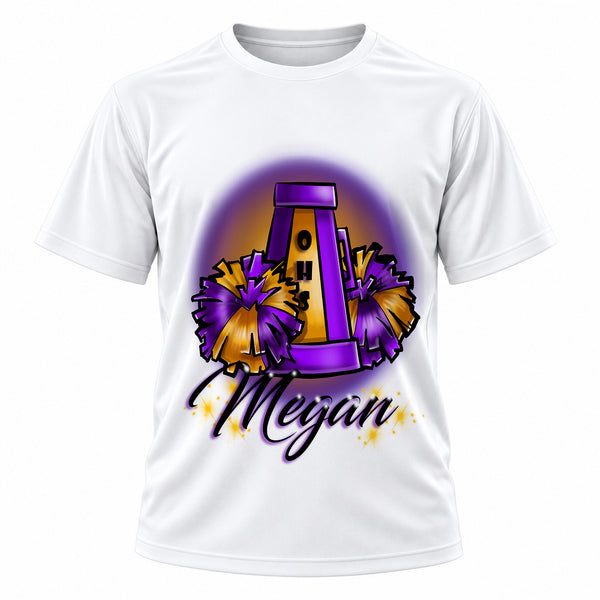 Personalized Cheer Pom Pom T-Shirt, front-view T-shirt mockup featuring custom Air-Volution artwork by Mythic Airbrush