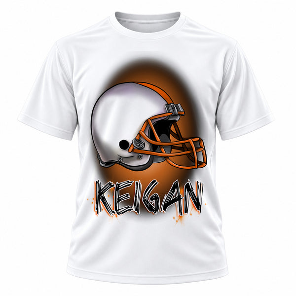 Personalized Football Helmet T-Shirt, front-view T-shirt mockup featuring custom Air-Volution artwork by Mythic Airbrush