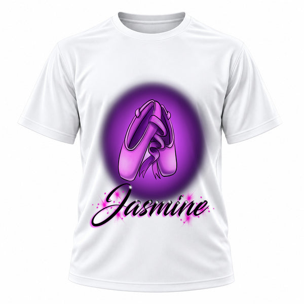 Personalized Ballet Shoes T-Shirt, front-view T-shirt mockup featuring custom Air-Volution artwork by Mythic Airbrush