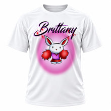 Cheerleader rabbit with pom poms on personalized graphic T-shirt, Mythic Airbrush design G009