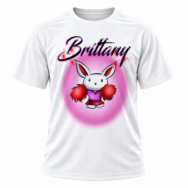 Cheerleader rabbit with pom poms on personalized graphic T-shirt, Mythic Airbrush design G009