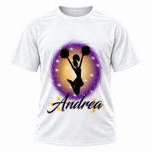 Personalized Cheer Pom Pom T-Shirt, front-view T-shirt mockup featuring custom Air-Volution artwork by Mythic Airbrush