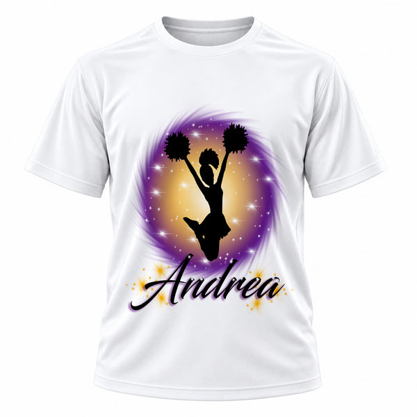 Personalized Cheer Pom Pom T-Shirt, front-view T-shirt mockup featuring custom Air-Volution artwork by Mythic Airbrush
