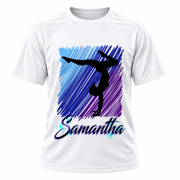 Personalized Gymnastics T-Shirt, front-view T-shirt mockup featuring custom Air-Volution artwork by Mythic Airbrush