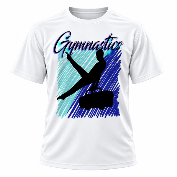 Personalized Gymnastics T-Shirt, front-view T-shirt mockup featuring custom Air-Volution artwork by Mythic Airbrush