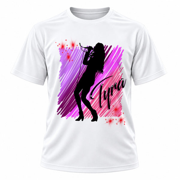 Personalized Singer Musician T-Shirt, front-view T-shirt mockup featuring custom Air-Volution artwork by Mythic Airbrush