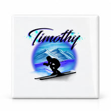 G015 Skiing ceramic coaster by Mythic Airbrush, original Air-Volution design — main image