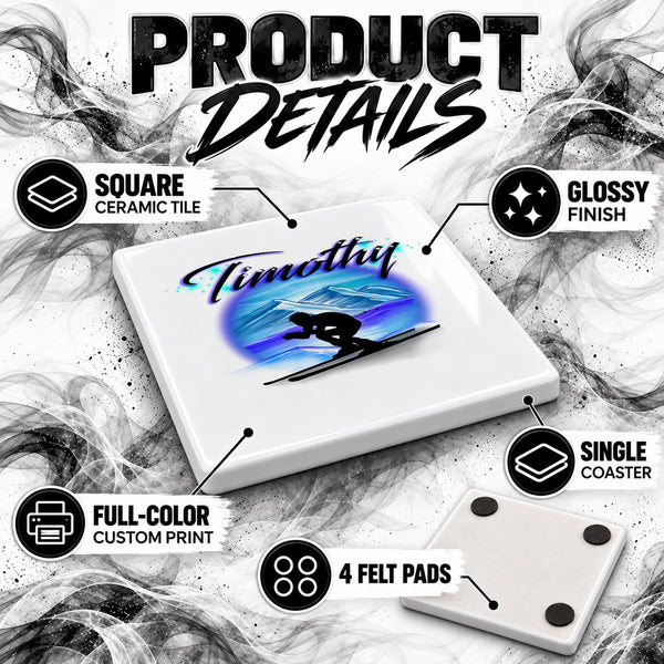 G015 Skiing ceramic coaster by Mythic Airbrush, original Air-Volution design — product image 3
