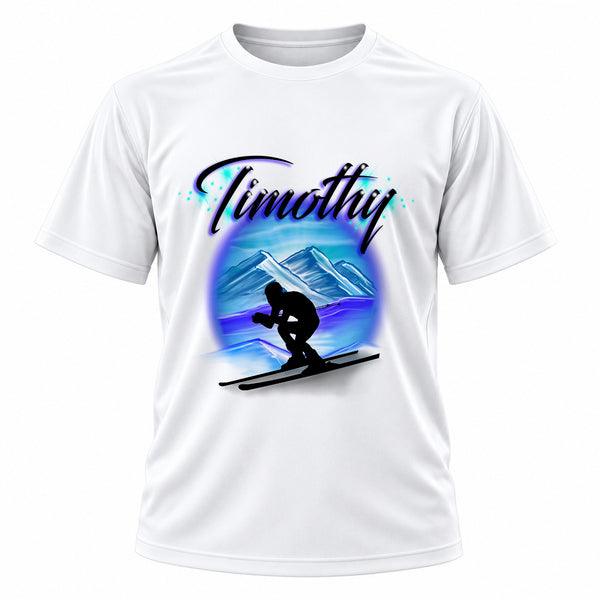 Personalized Skiing T-Shirt, front-view T-shirt mockup featuring custom Air-Volution artwork by Mythic Airbrush